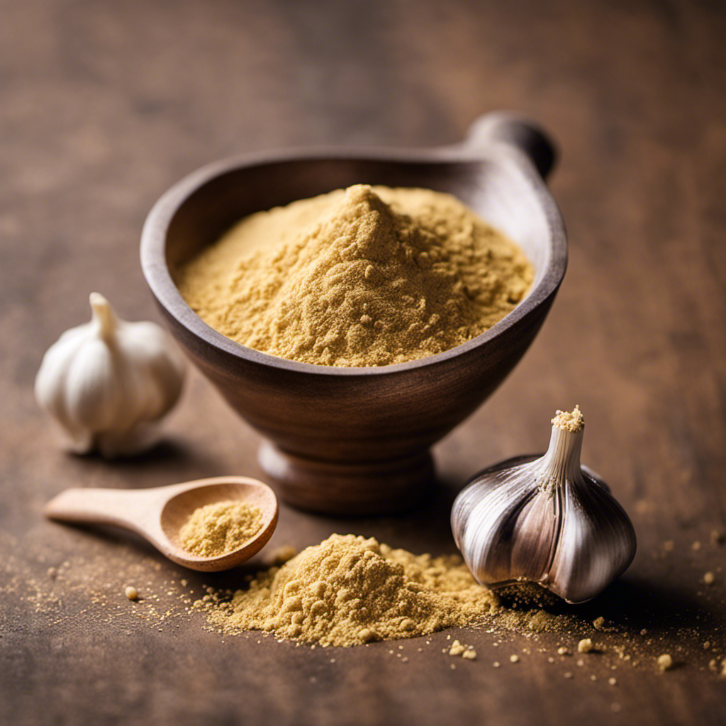 An image that showcases a small measuring spoon filled with fine, aromatic garlic powder