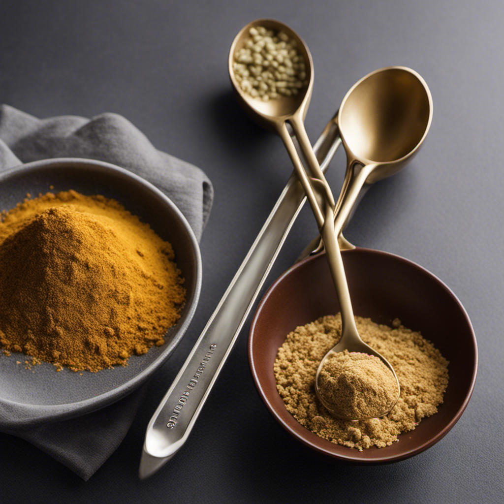 An image that showcases two transparent measuring spoons, one filled with 2 teaspoons of finely minced ginger, and the other filled with ginger powder, clearly illustrating the equivalent amount needed for substitution