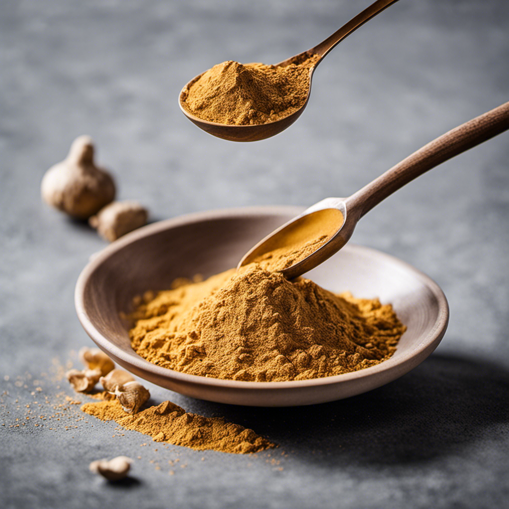 An image showcasing a measuring spoon filled with ginger powder, gently pouring it into a bowl
