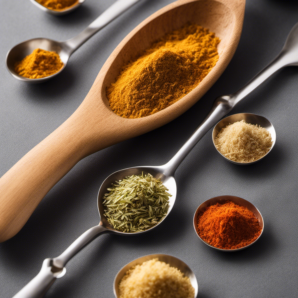 An image showcasing a wooden spoon filled with freshly grated ginger, nestled beside a row of precisely measured stainless steel teaspoons, each holding varying amounts of the spice