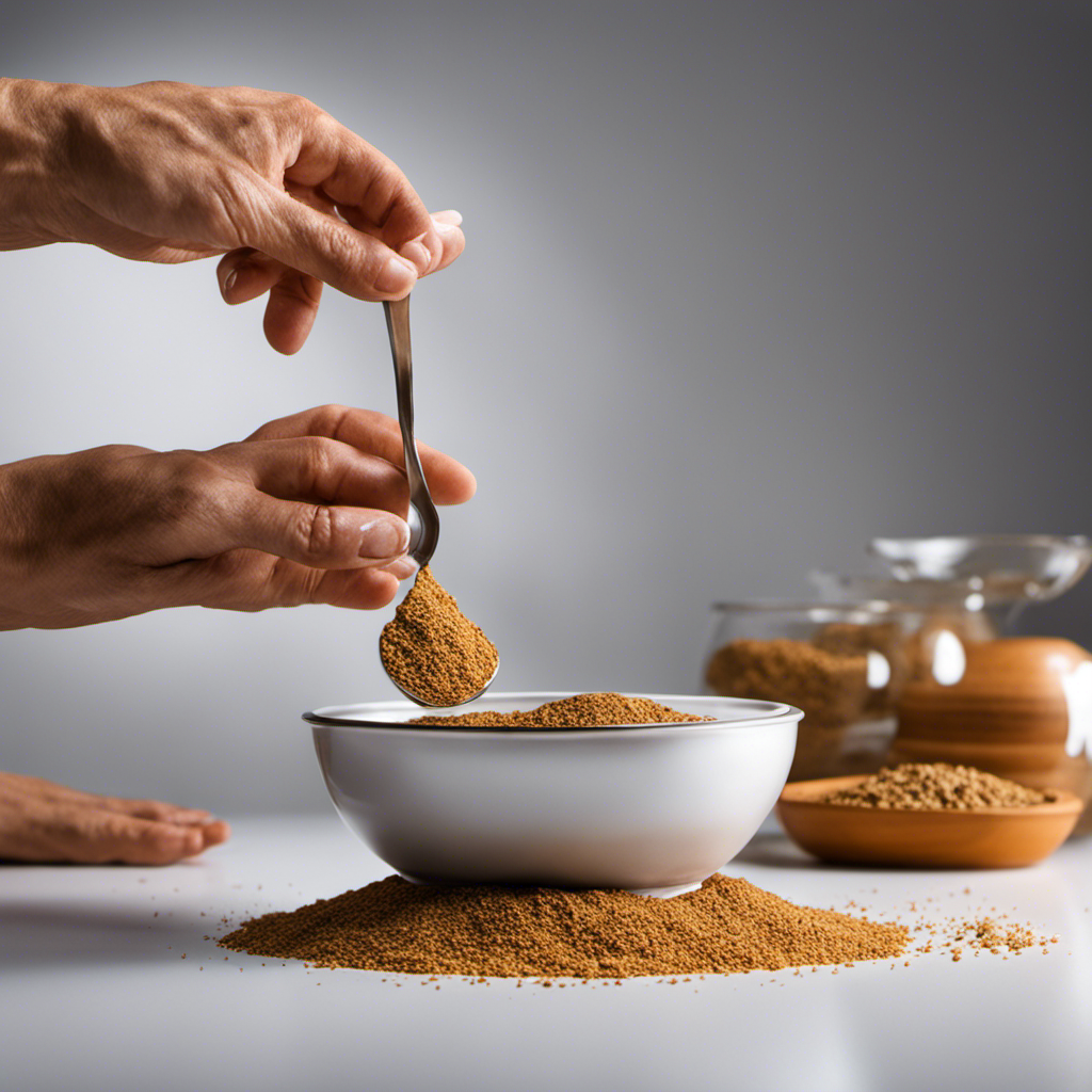 An image showcasing a veterinarian's hand holding a teaspoon filled with glucosamine chondroitin powder, gently pouring it over a dog's food bowl