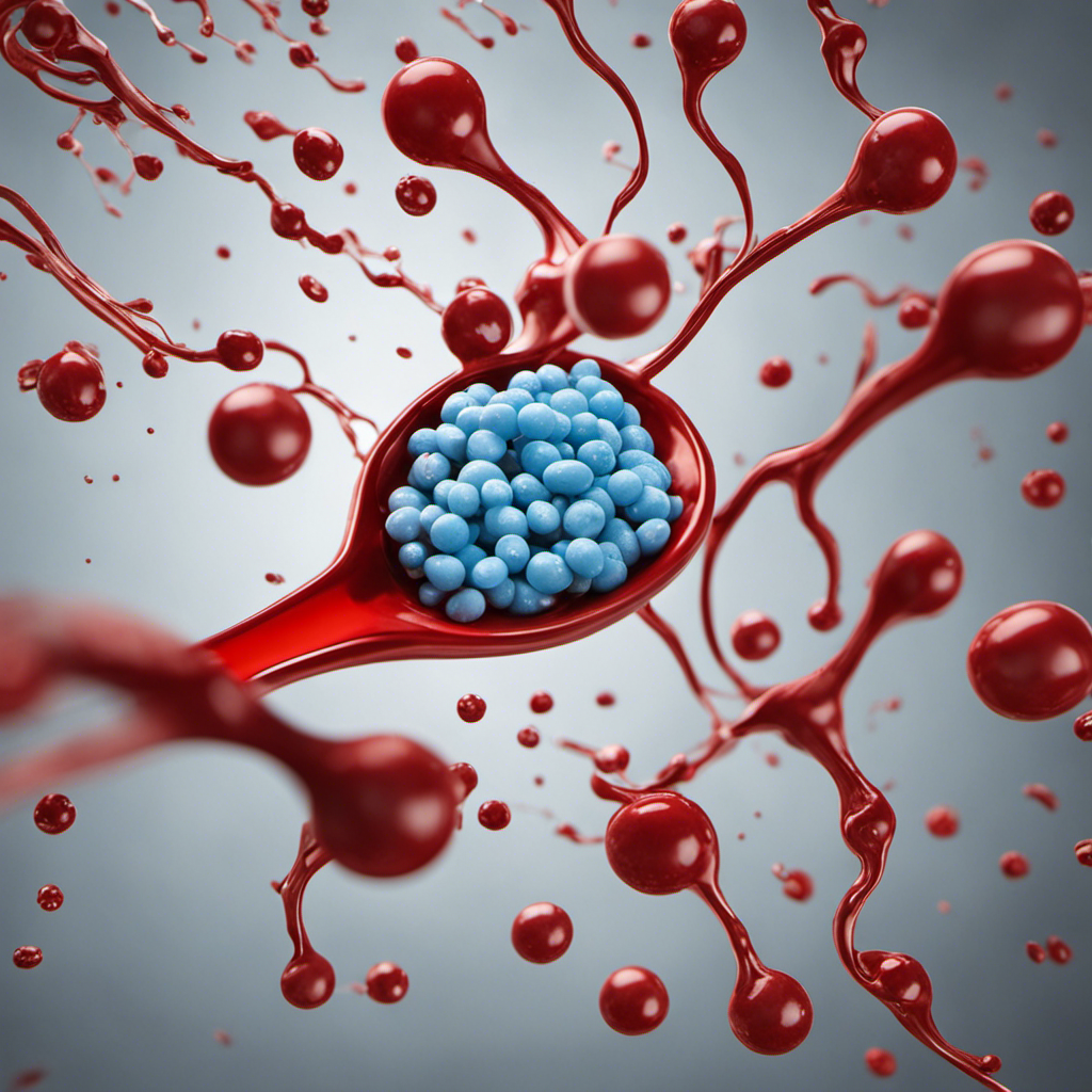 An image depicting a close-up view of a bloodstream with glucose molecules floating in it, showcasing a measuring spoon overflowing with more than two teaspoons of glucose, emphasizing the toxicity of excessive levels