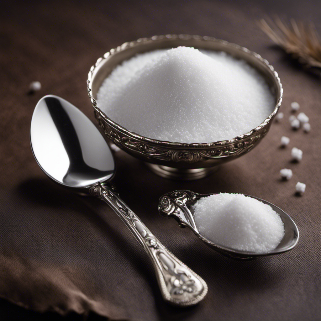 An image showcasing a silver teaspoon filled with white sugar, perfectly leveled at the rim, next to a precision scale displaying the weight in grams