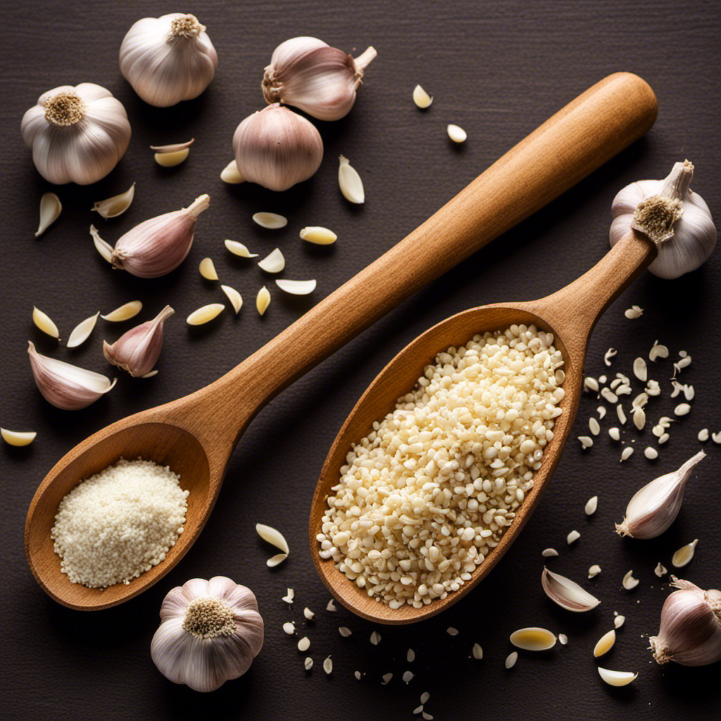 An image showcasing a measuring spoon filled with 6 teaspoons of minced garlic, beside a separate measuring spoon brimming with granulated garlic