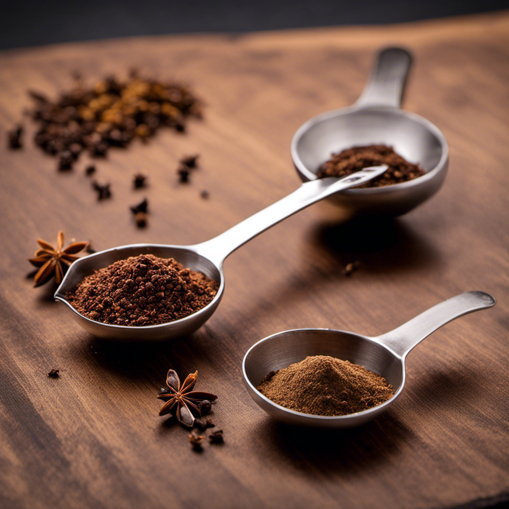 An image showcasing two clear measuring spoons, one filled to the brim with finely ground clove, while the other holds two whole clove buds, highlighting the equivalent volume of 2 teaspoons
