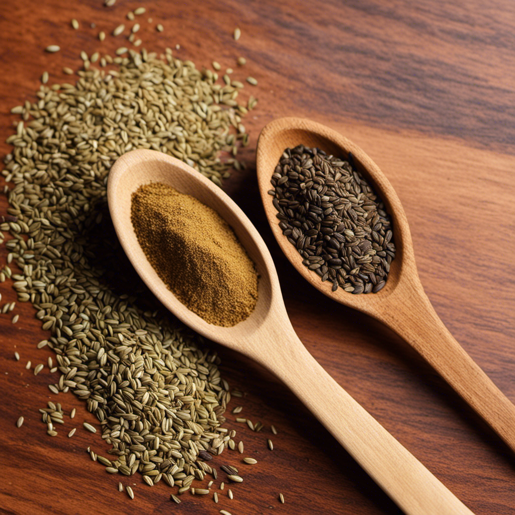 An image depicting a small measuring spoon filled halfway with ground cumin, perfectly matching the quantity of cumin seeds poured into another spoon, emphasizing the equivalence of 1/2 teaspoon of ground cumin and cumin seeds