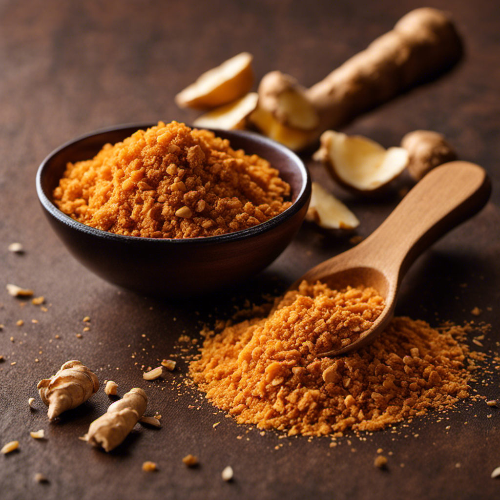 An image of a measuring spoon filled with 2 teaspoons of finely chopped ginger, surrounded by a pile of ground ginger