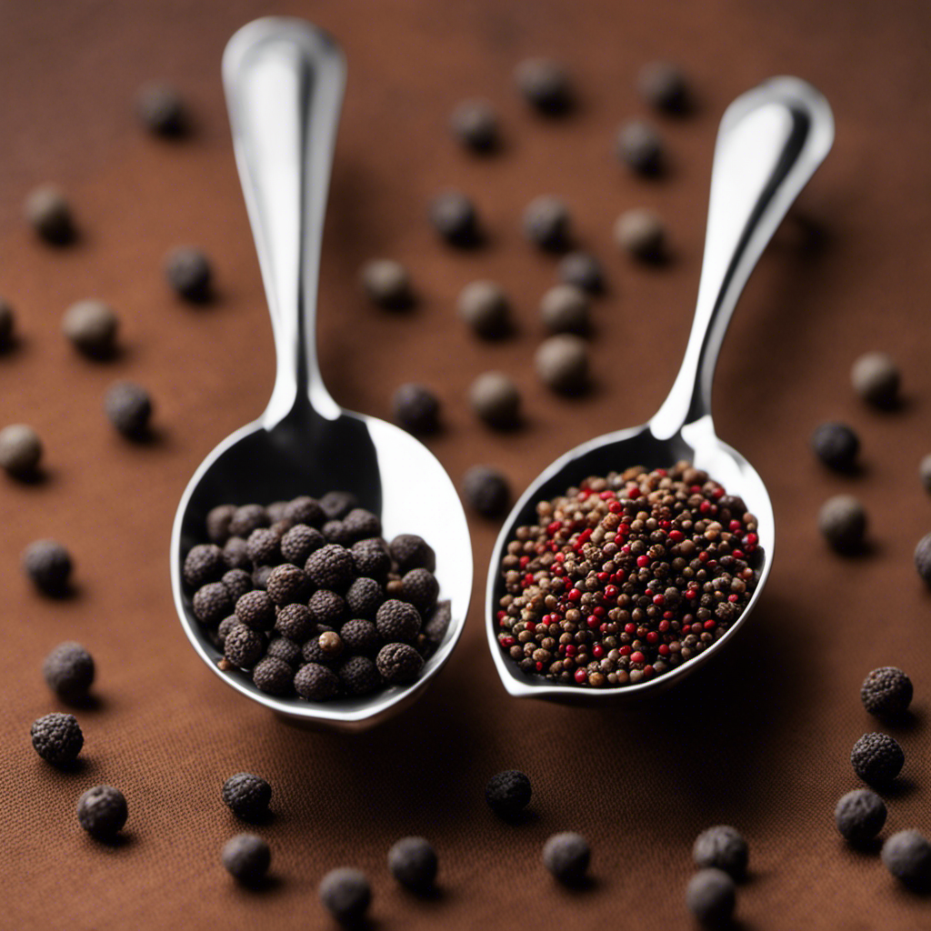 An image of two identical teaspoons, one filled with ground pepper and the other with peppercorns, side by side