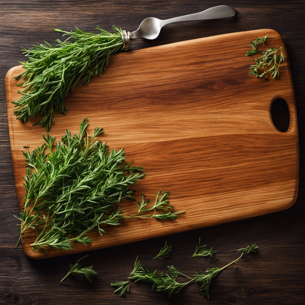 An image of a wooden cutting board with two heaping teaspoons of fresh thyme leaves scattered across it