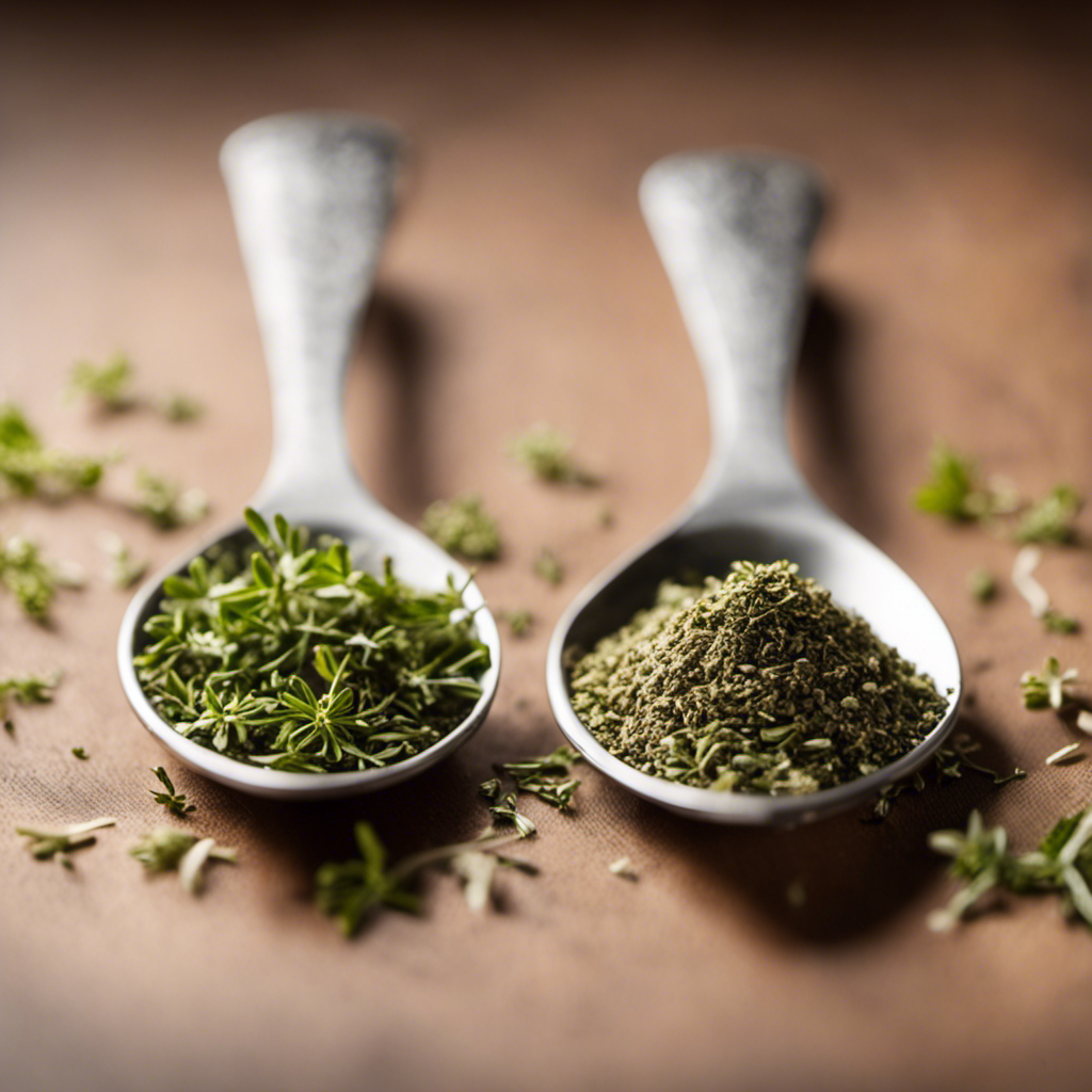 An image showcasing two fresh teaspoons of ground thyme accurately measured and transformed into an equivalent amount of dried thyme, vividly illustrating the conversion process for a blog post on "How Much Ground Thyme Equals 2 Fresh Teaspoons