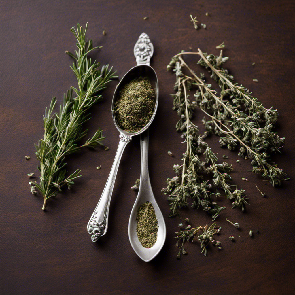 An image showcasing a vintage teaspoon filled with dried thyme, accompanied by a modern measuring spoon filled with ground thyme