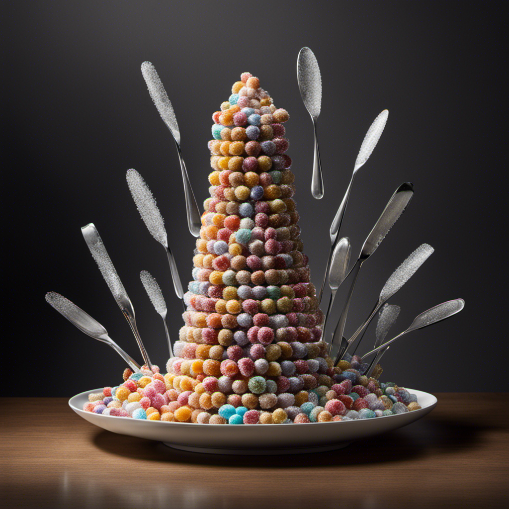 An image showcasing a towering stack of 10 teetering teaspoons, each overflowing with crystalline sugar, surrounded by a discarded soda can and a deflated balloon, illustrating the hidden harm of excessive sugar consumption