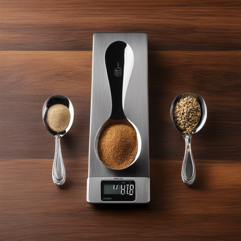 An image showcasing an elegant silver teaspoon, gently pouring out 3 and 1/2 teaspoons of aromatic, golden-brown cumin seeds onto a sleek, modern kitchen scale