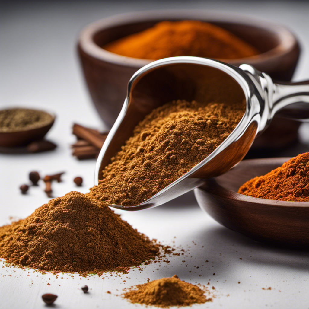 An image showcasing a small, cylindrical measuring spoon filled with 3 and 1/2 teaspoons of aromatic cumin powder