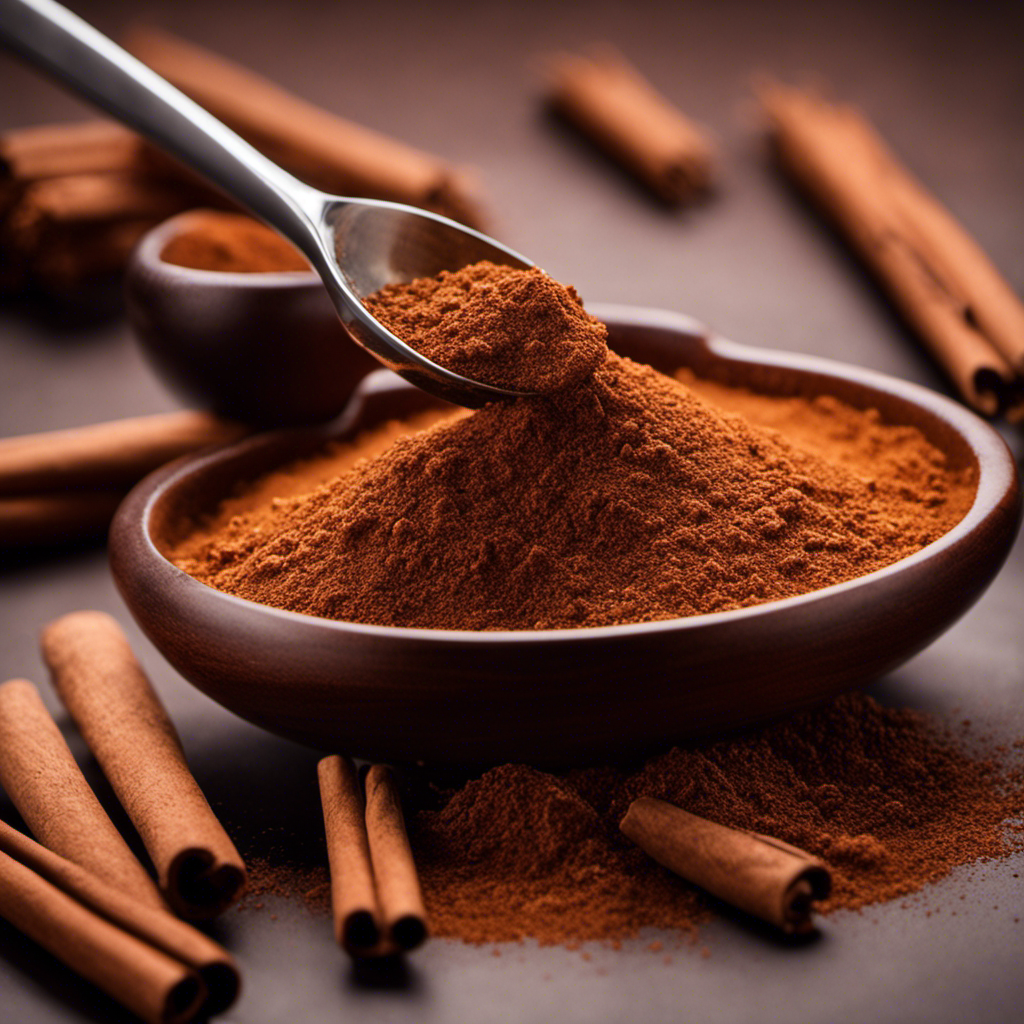 An image showcasing a perfectly level teaspoon with a mound of finely ground cinnamon, capturing its warm brown hue, delicate texture, and the inherent fragrance that wafts through the air