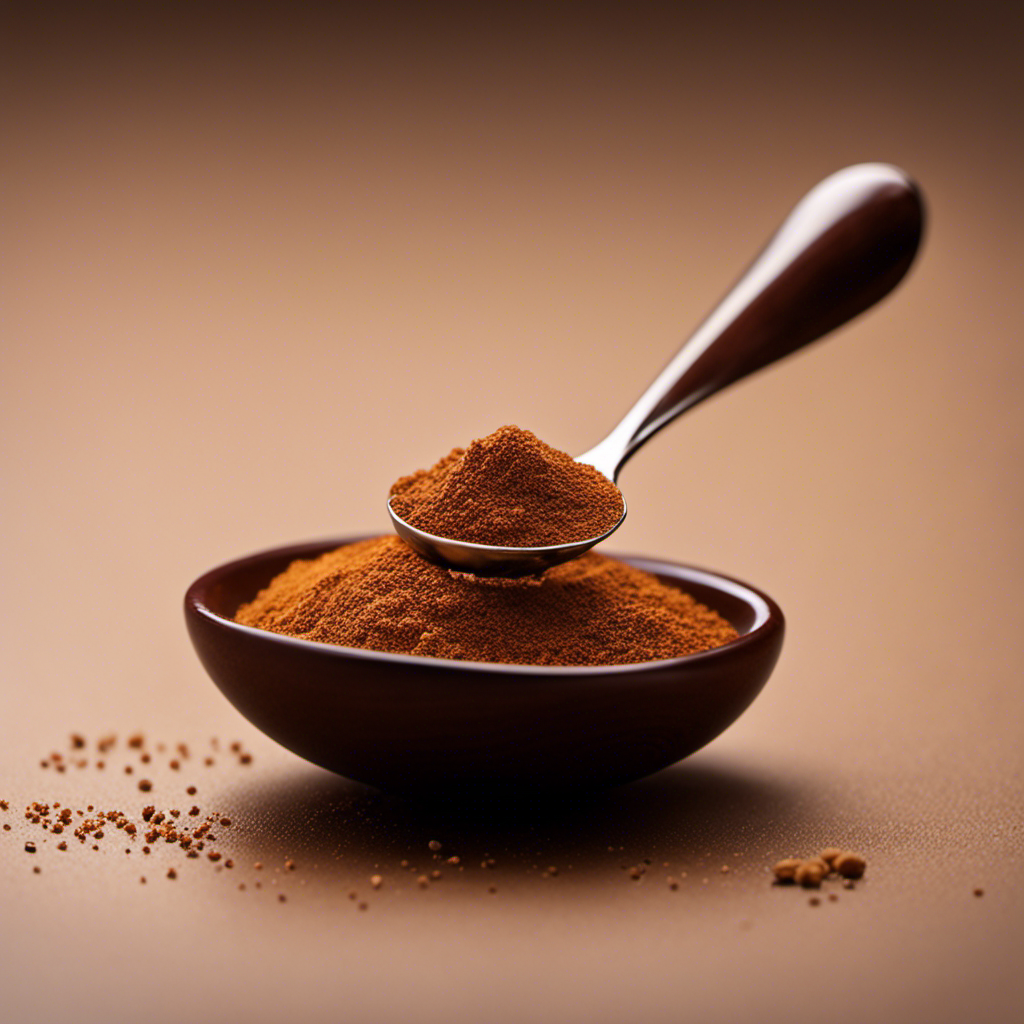 An image showcasing a small glass or plastic teaspoon filled to its brim with finely ground nutmeg, clearly depicting the exact amount of one teaspoon