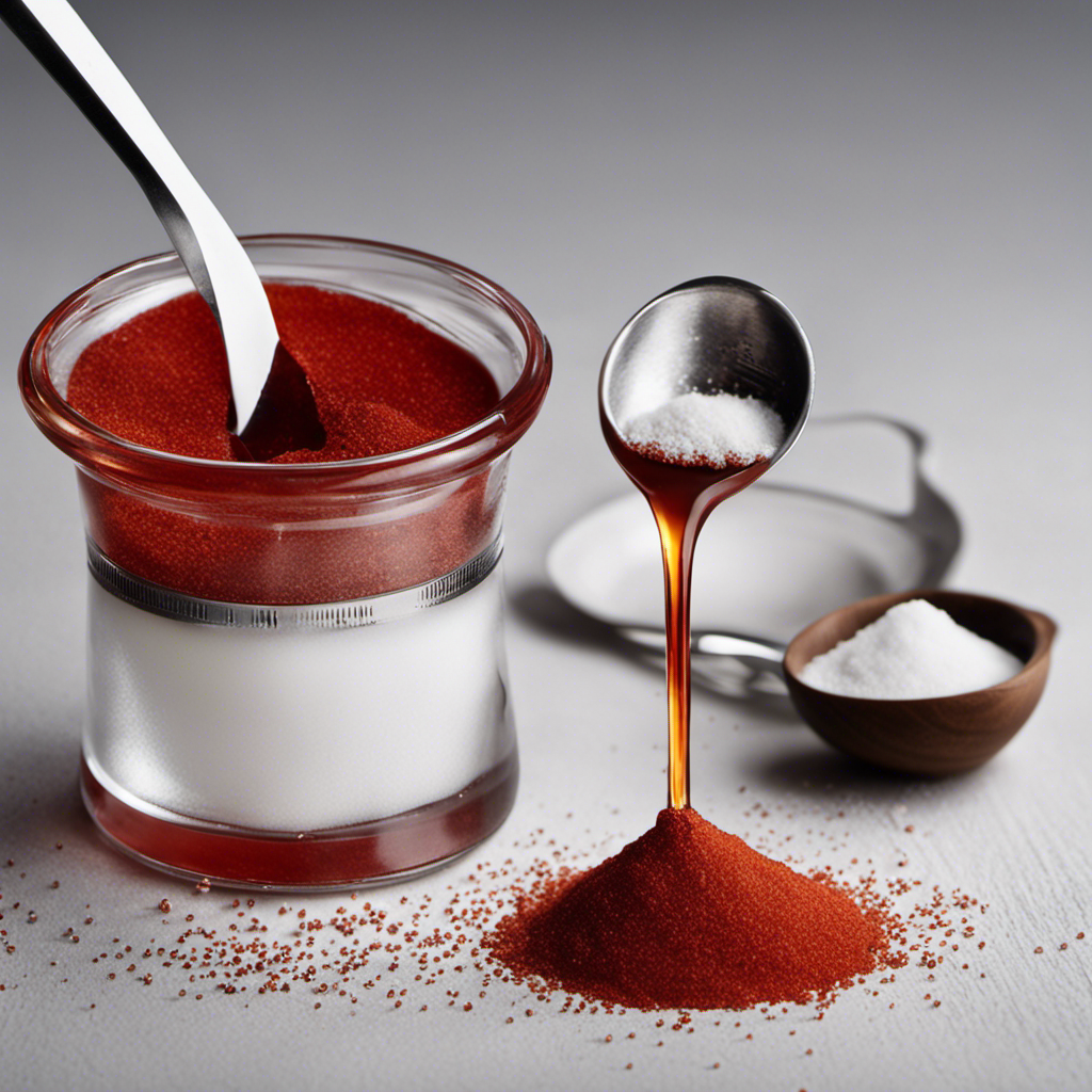 An image showcasing a measuring spoon filled with 10ml of liquid, surrounded by a teaspoon overflowing with granulated sugar