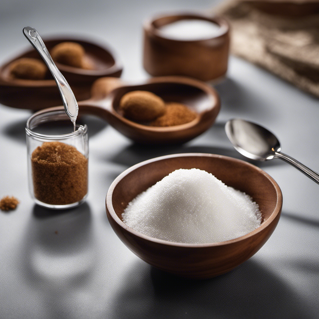 An image that showcases a small, transparent measuring spoon filled precisely with 25 grams of granulated sugar, while a teaspoon hovers nearby, highlighting the conversion
