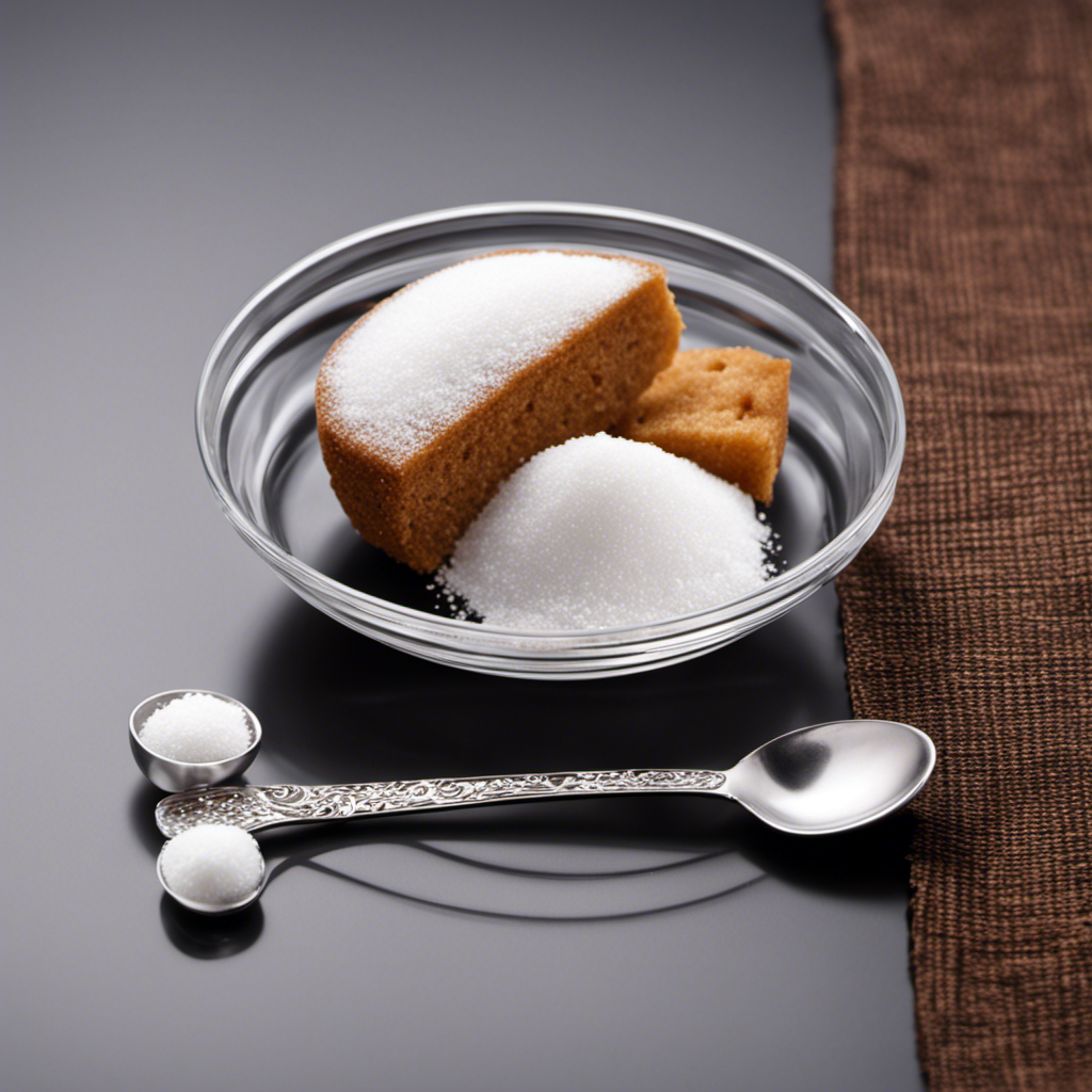 An image showcasing a clear glass measuring spoon filled with precisely 5 grams of fine white sugar, next to a smaller spoon, filled with 1 teaspoon of sugar, for an intuitive comparison