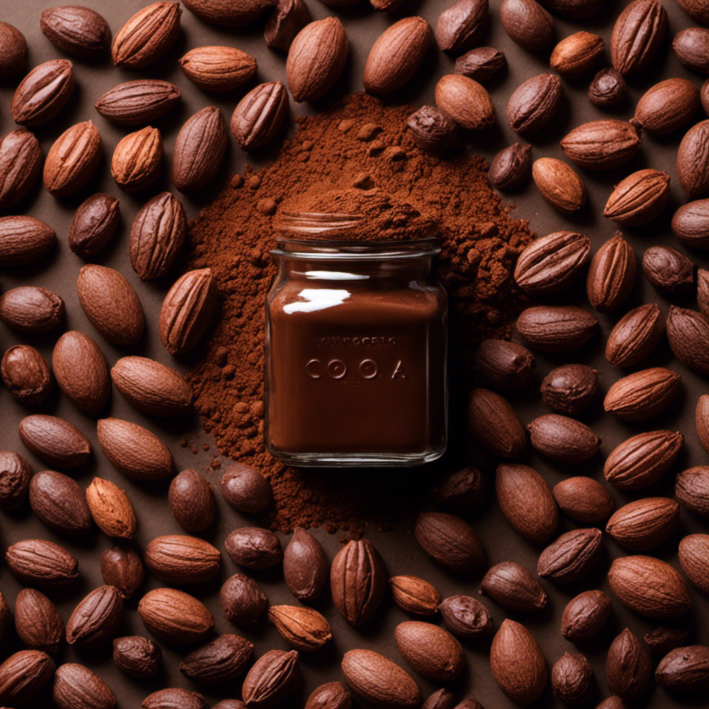 An image showcasing a clear glass jar filled with 900 mg of cocoa flavonols, represented by a fine cocoa powder, delicately measured using a teaspoon