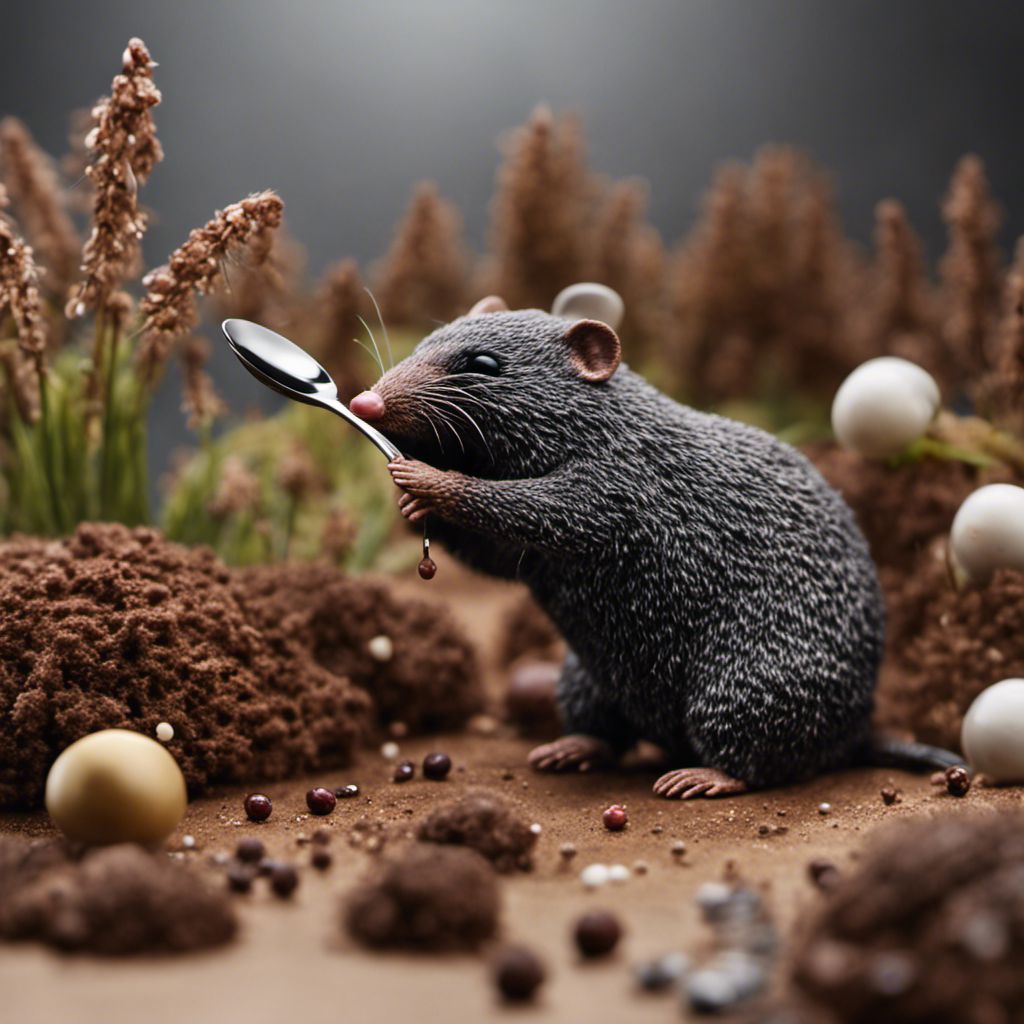 An image that showcases a visually striking representation of a mole, holding a teaspoon in its tiny paws, with the teaspoon filled to the brim with miniature molecules representing the concept of a mole