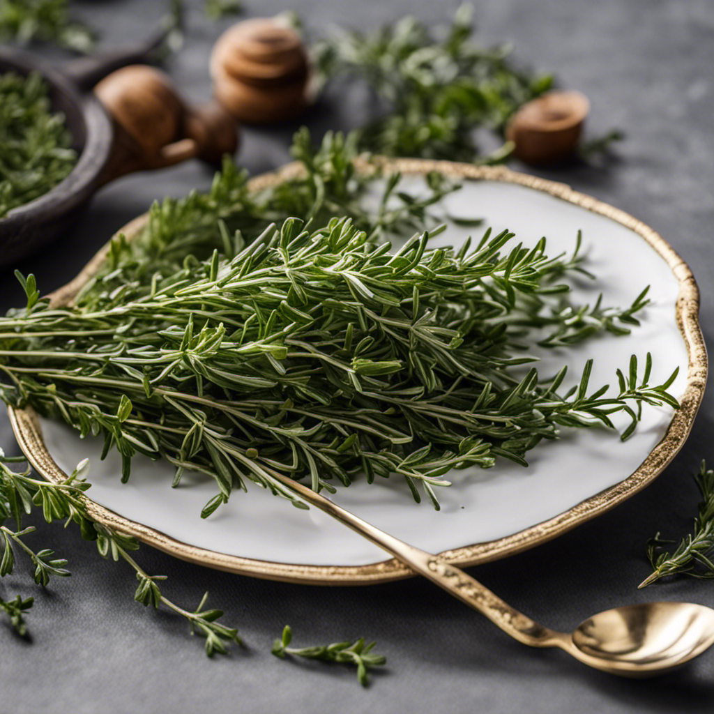 An image showcasing a sprig of thyme nestled beside a teaspoon, capturing the delicate, slender leaves of the herb against the precise measure of a standard teaspoon, inviting readers to visually comprehend the quantity