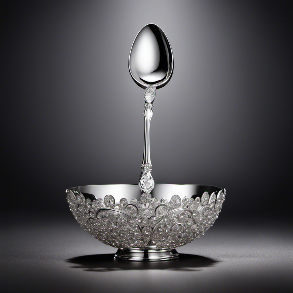 An image of a delicate silver teaspoon, gently pouring tiny sparkling crystals from its bowl onto an outstretched palm, showcasing the precise measurement of