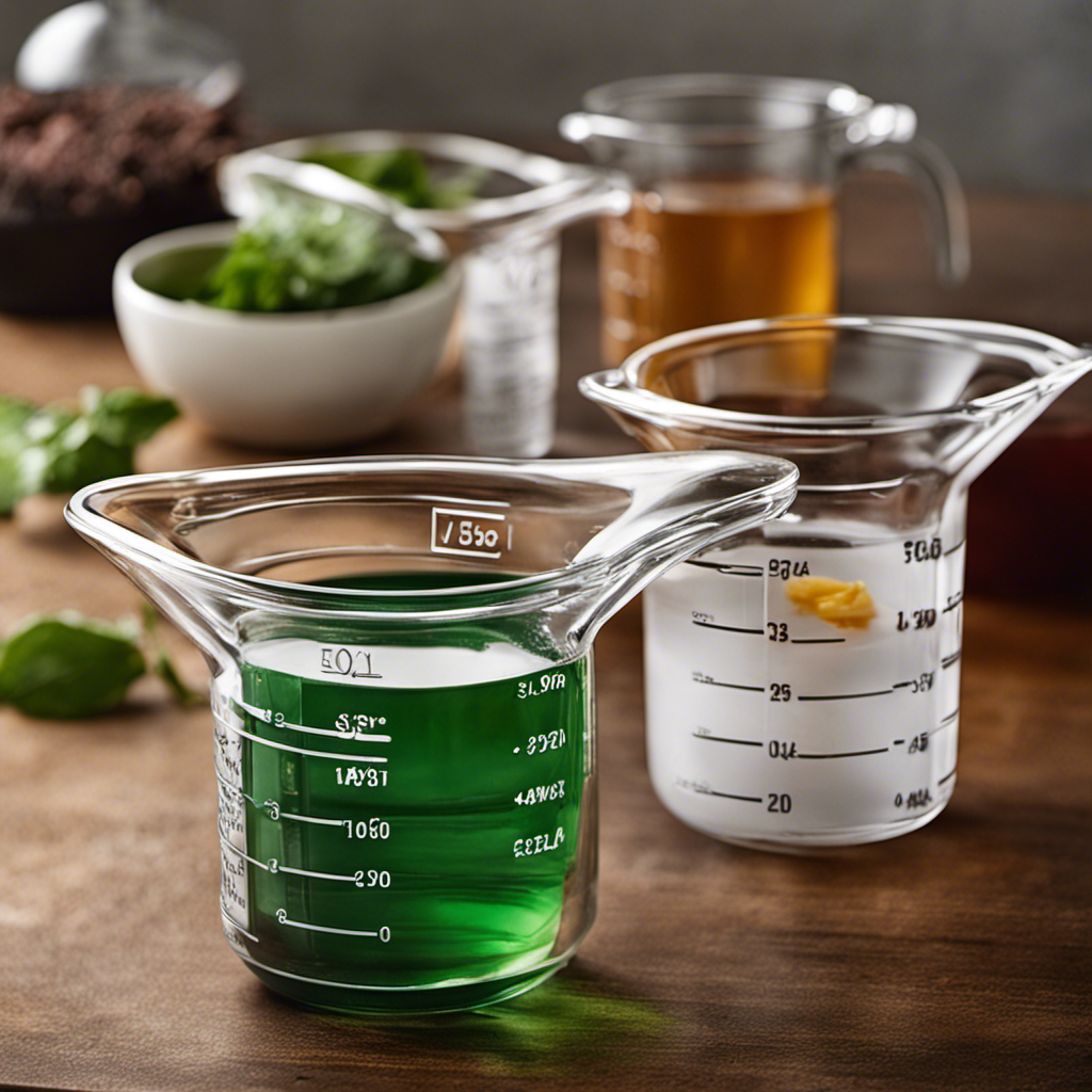An image showcasing a clear glass measuring cup filled with 5