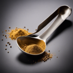 An image showcasing a measuring spoon filled halfway with a fine powder, representing 1/2 ounce