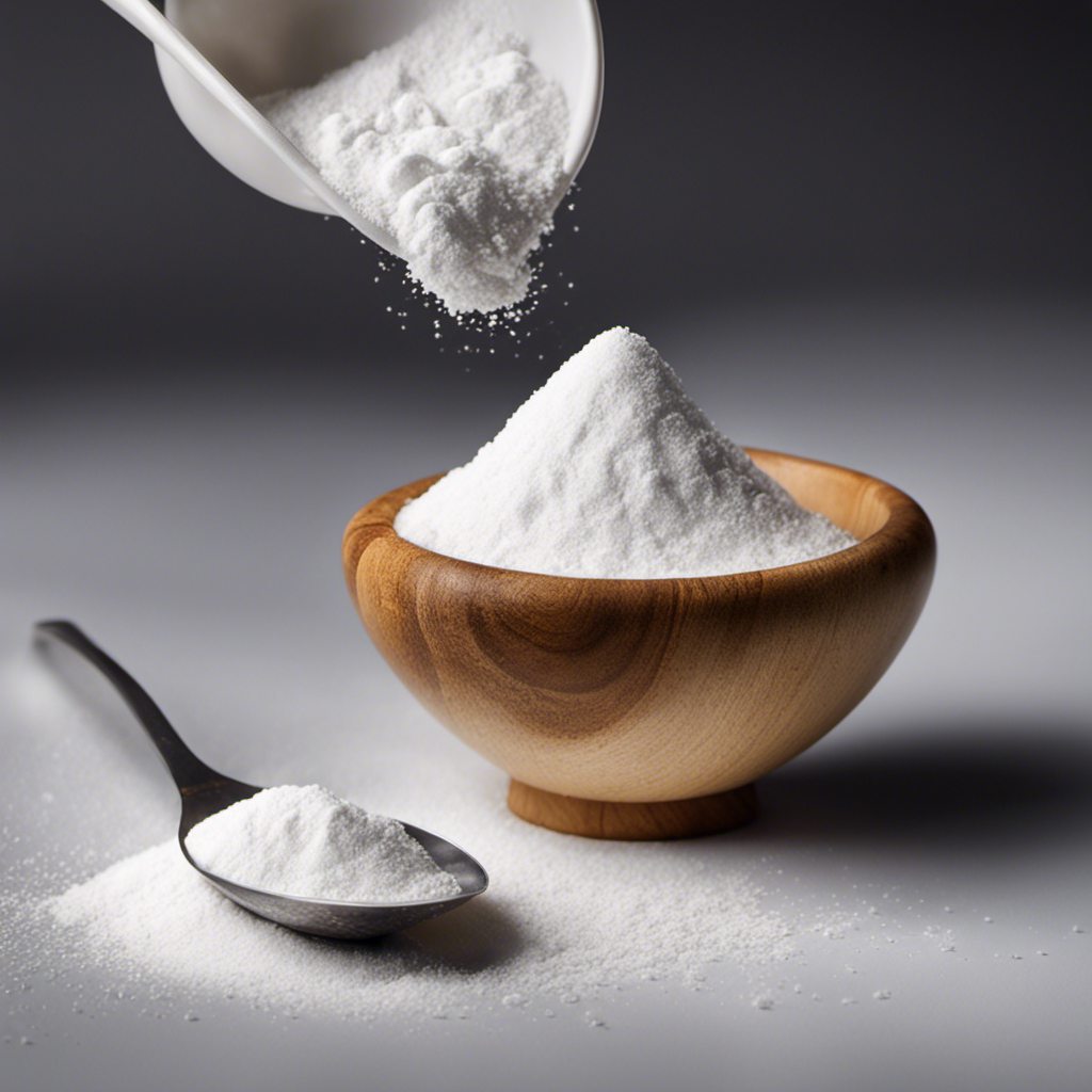 An image that showcases a small, transparent measuring spoon filled with 1 3/4 teaspoons of white, powdery substance identified as baking powder