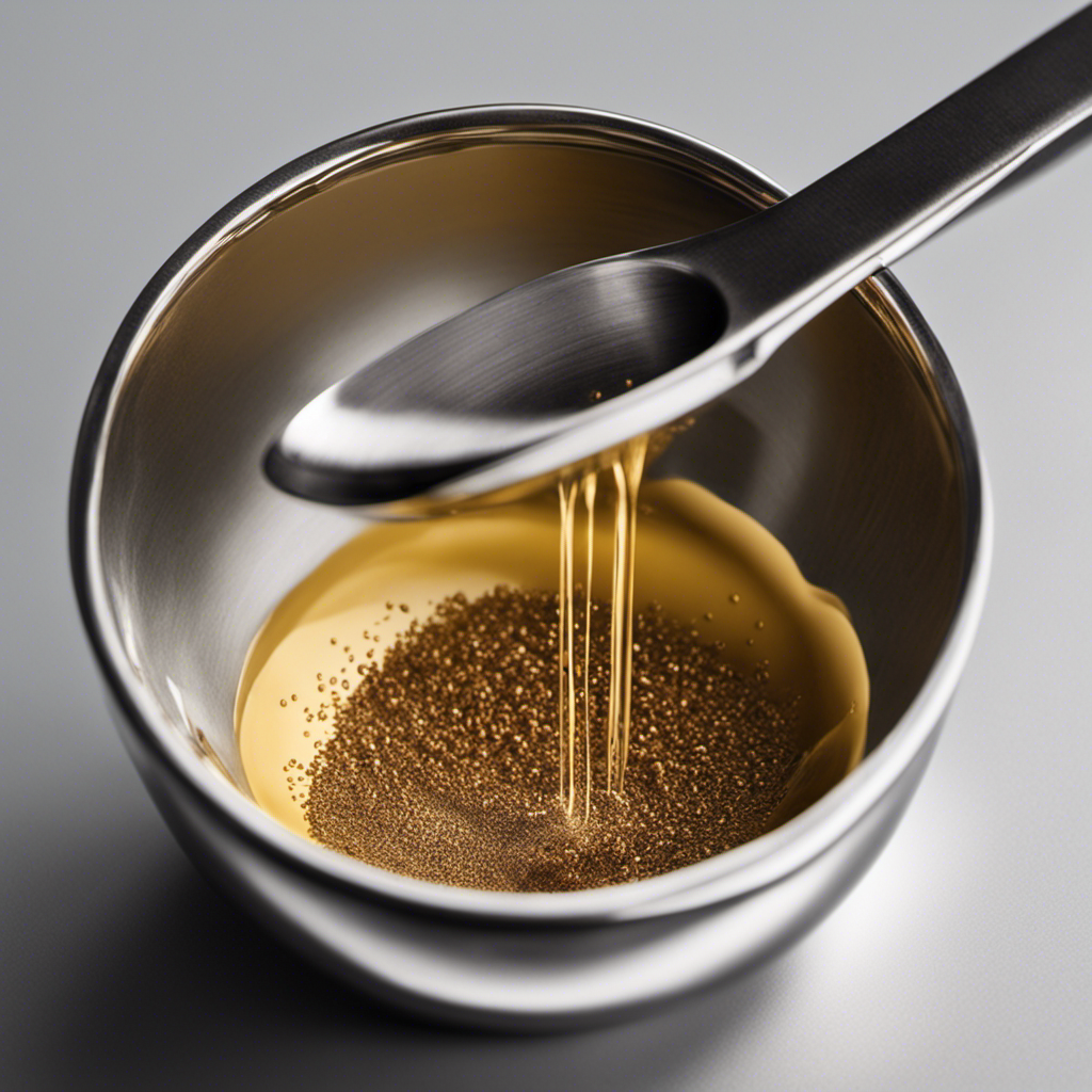 An image showcasing a measuring spoon containing 1/3 of 1 tablespoon, pouring its contents into a teaspoon