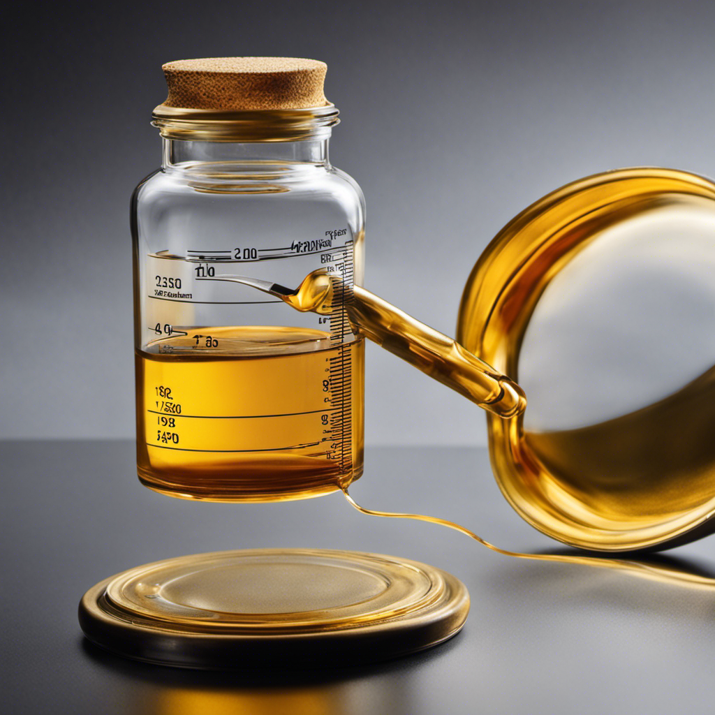 An image showcasing a small glass jar filled with a vibrant, golden liquid, precisely measuring 1/3 of a teaspoon