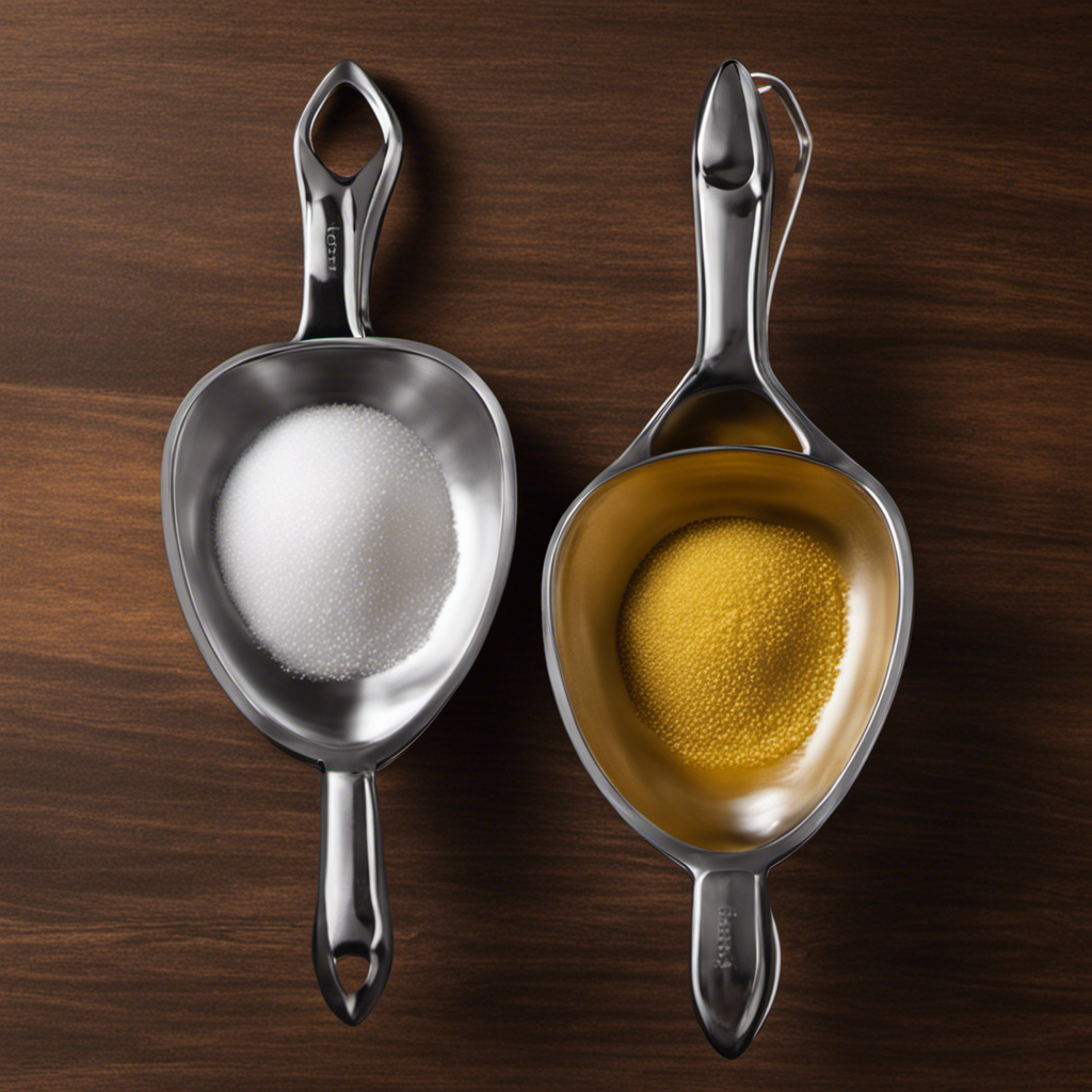 An image depicting two identical measuring cups, one filled with 2 ounces of liquid, the other divided into fourths, with each section labeled as a teaspoon