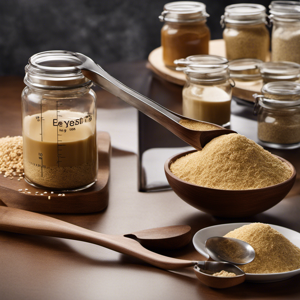 An image showcasing a measuring spoon filled with 1/4 ounce of yeast, alongside a separate container filled with teaspoons, emphasizing the precise conversion and allowing readers to visually understand the measurement