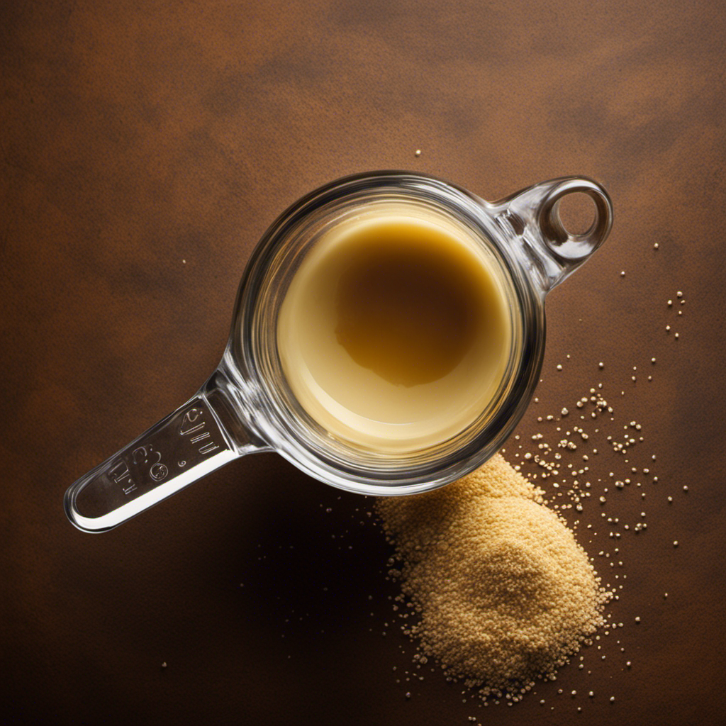 An image showcasing a small glass measuring cup filled with 1/4 ounce of yeast, captured from a top-down perspective