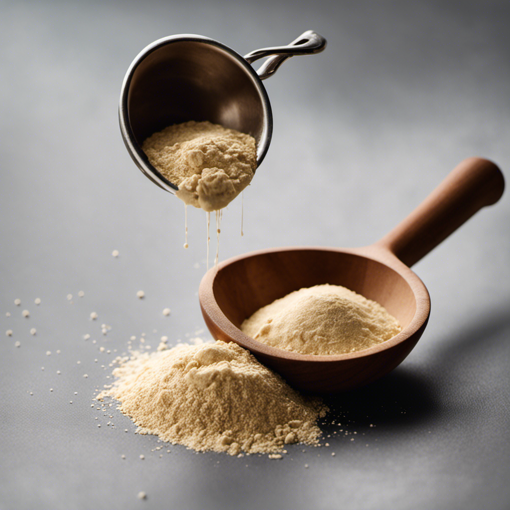 An image depicting a measuring spoon filled with 1/4 oz of yeast, delicately balancing on a kitchen countertop