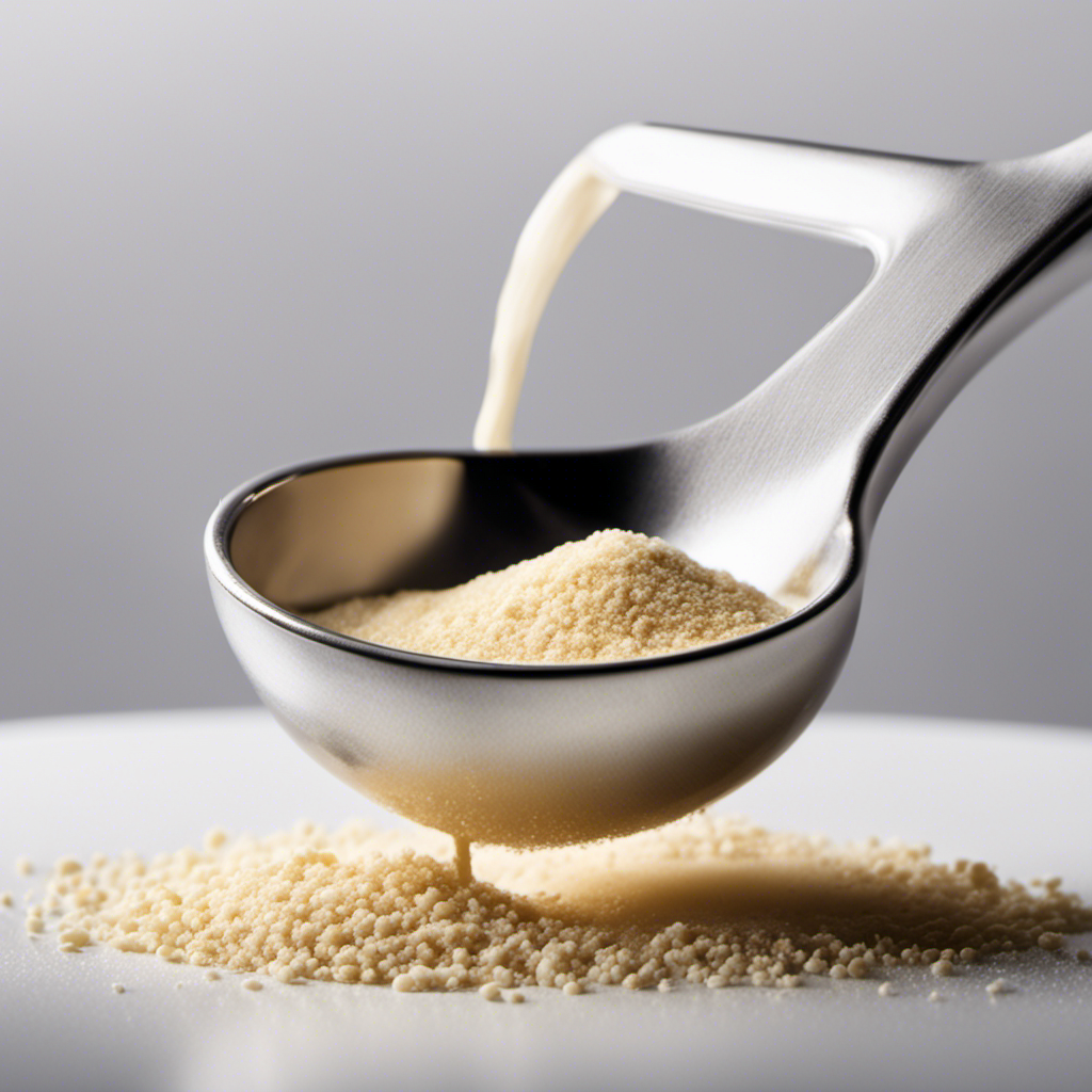An image showcasing a clear measuring spoon filled with 1/4 oz of yeast, surrounded by delicate, powdered yeast particles gently falling onto a pristine white surface, emphasizing the conversion of 1/4 oz to teaspoons