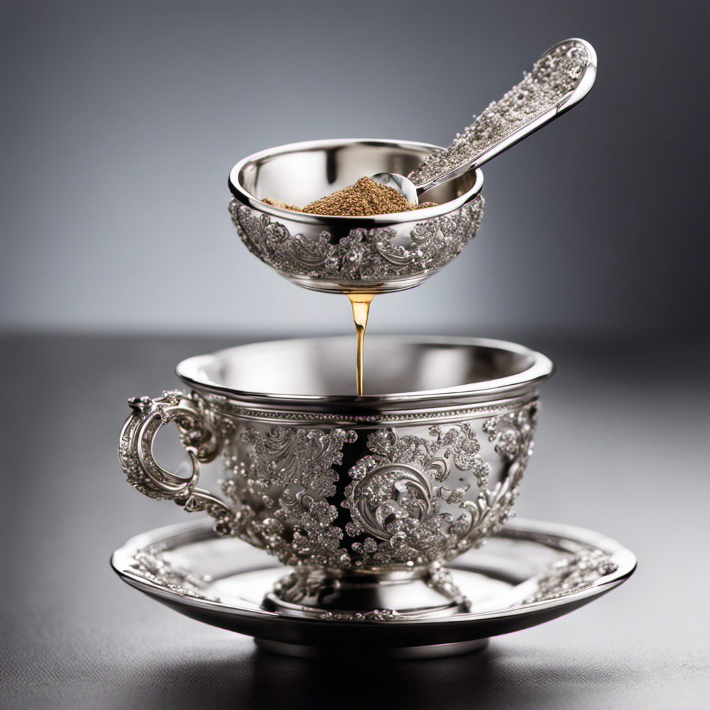 An image depicting a delicate silver teaspoon gently holding 1