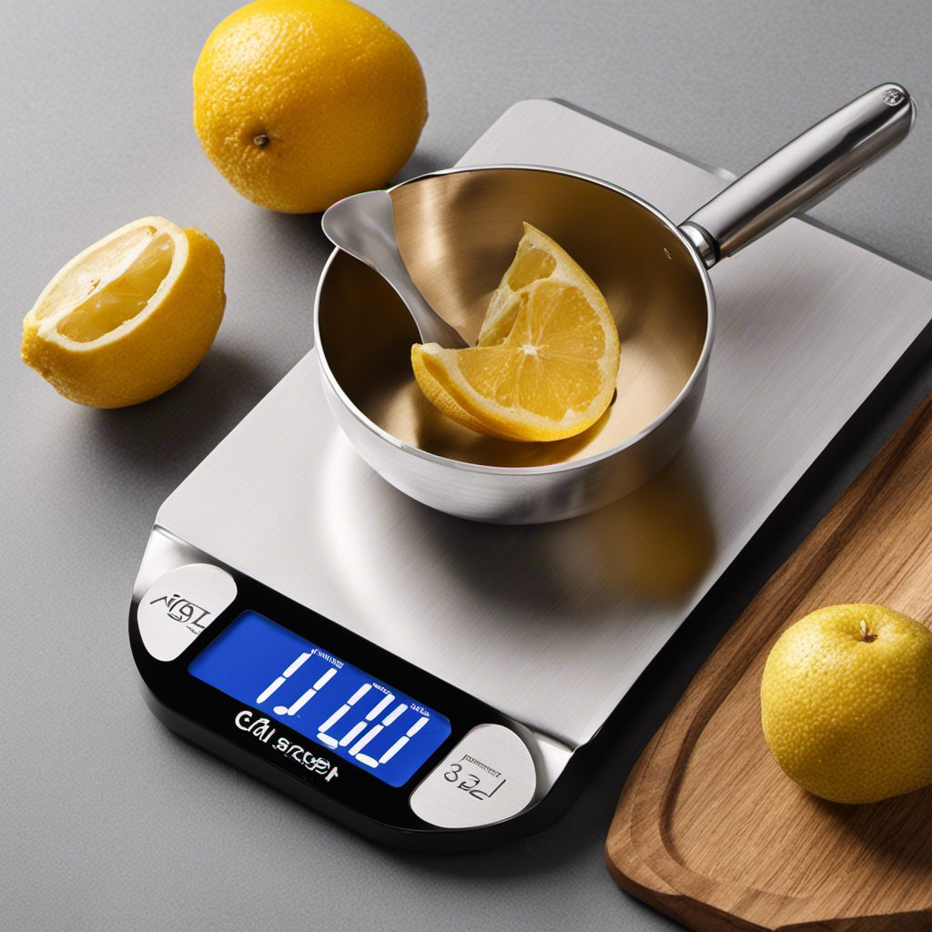 An image showcasing a sleek, modern kitchen scale accurately measuring out 1