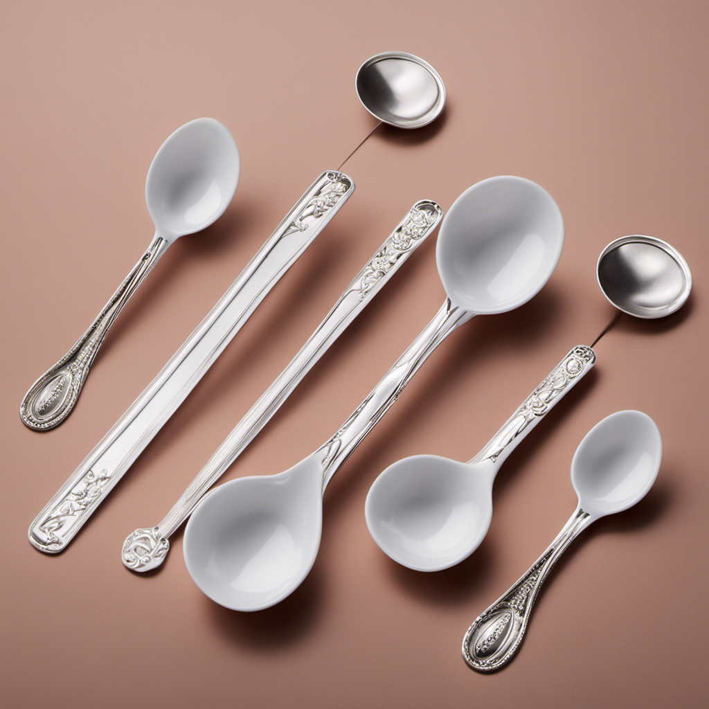 An image showcasing a pristine white measuring spoon holding 1/8 of a tablespoon, while surrounded by four identical mini teaspoons, each filled with an equal amount