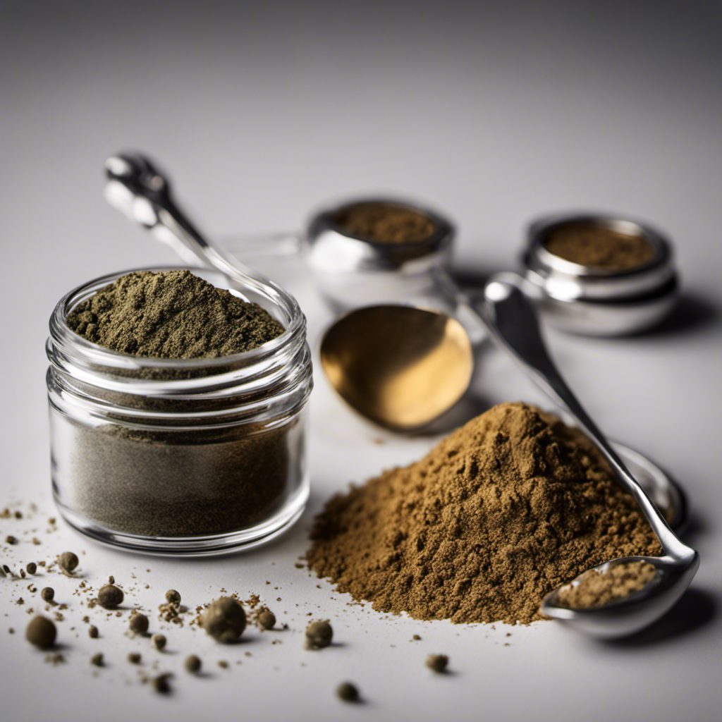 An image showcasing a small glass jar filled with 1/8 of an ounce of a fine powder, next to a set of measuring spoons