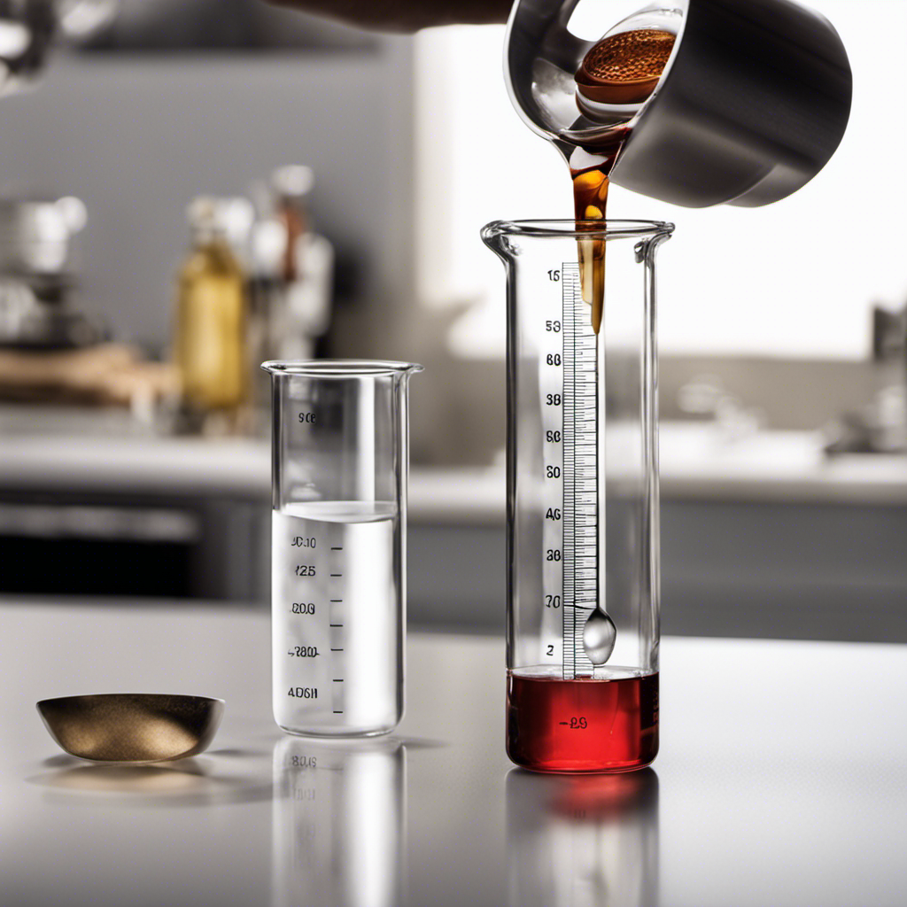 An image depicting a measuring spoon filled with 1 and 1/2 teaspoons of liquid, gently pouring it into a transparent graduated cylinder