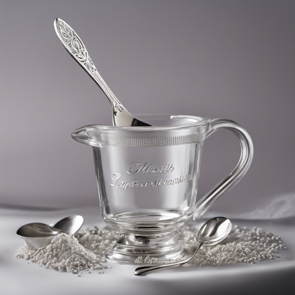 An image featuring a clear glass measuring cup filled with 1 and 1/4 ounces of a fine white powder, surrounded by a collection of delicate silver teaspoons, highlighting the conversion between the two measurements