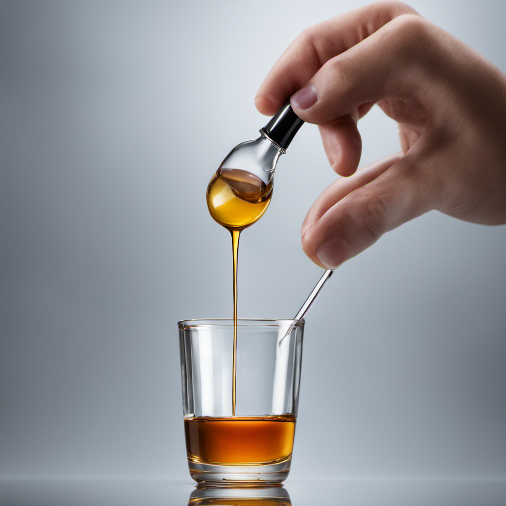 An image depicting a small medicine dropper releasing 1 cc of liquid into a teaspoon, with both measurements clearly visible