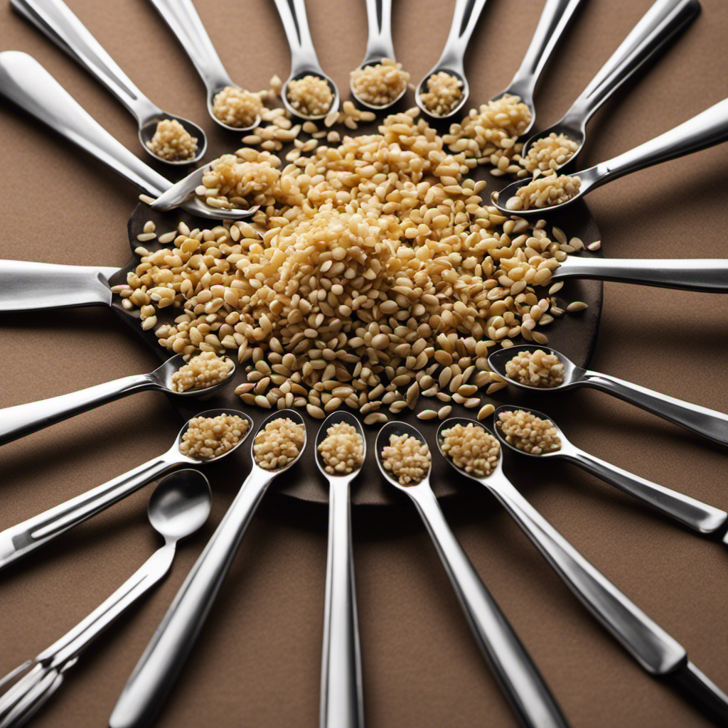 An image showcasing a teaspoon filled with minced garlic, surrounded by six identical empty teaspoons