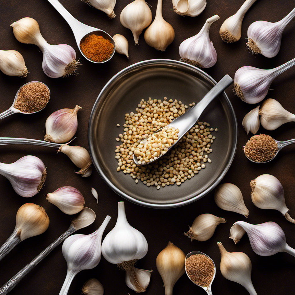 An image featuring a measuring spoon filled with precisely measured teaspoons of garlic, juxtaposed with a single clove of garlic