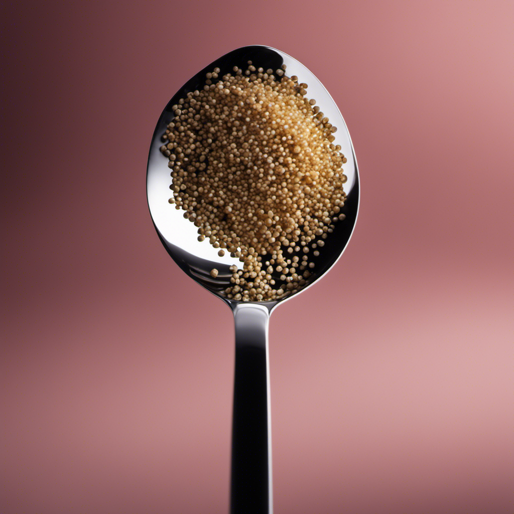 An image showcasing a delicate teaspoon filled with precisely measured 1 gram of a substance, capturing the fine granules gently resting on the spoon's curved surface, ready to be used for accurate measurements