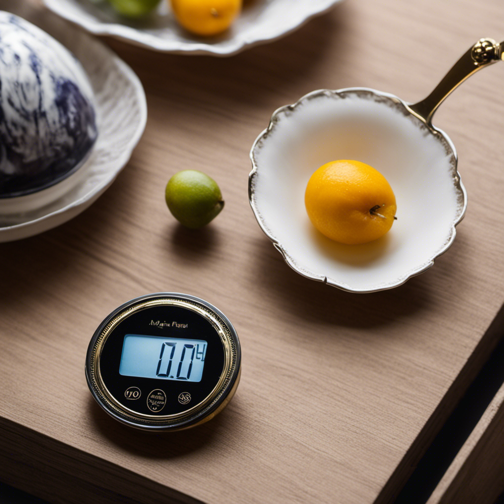 An image showcasing a precise measurement by juxtaposing a delicate teaspoon filled to the brim with monk fruit, while a digital scale displays a reading of exactly 1 gram