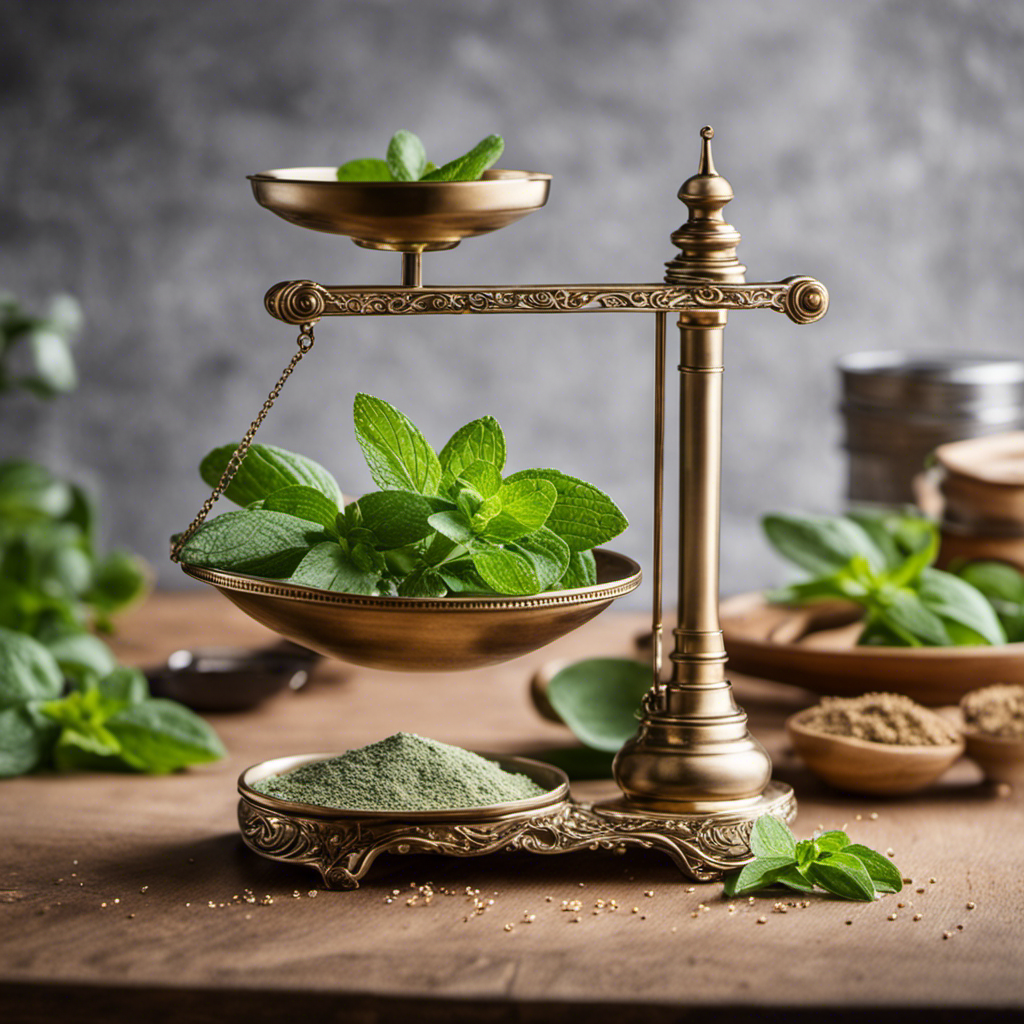 An image depicting a delicate balance scale with a heap of 1 gram of Stevia on one side, and a collection of precisely measured teaspoons on the other, showcasing the conversion between the two