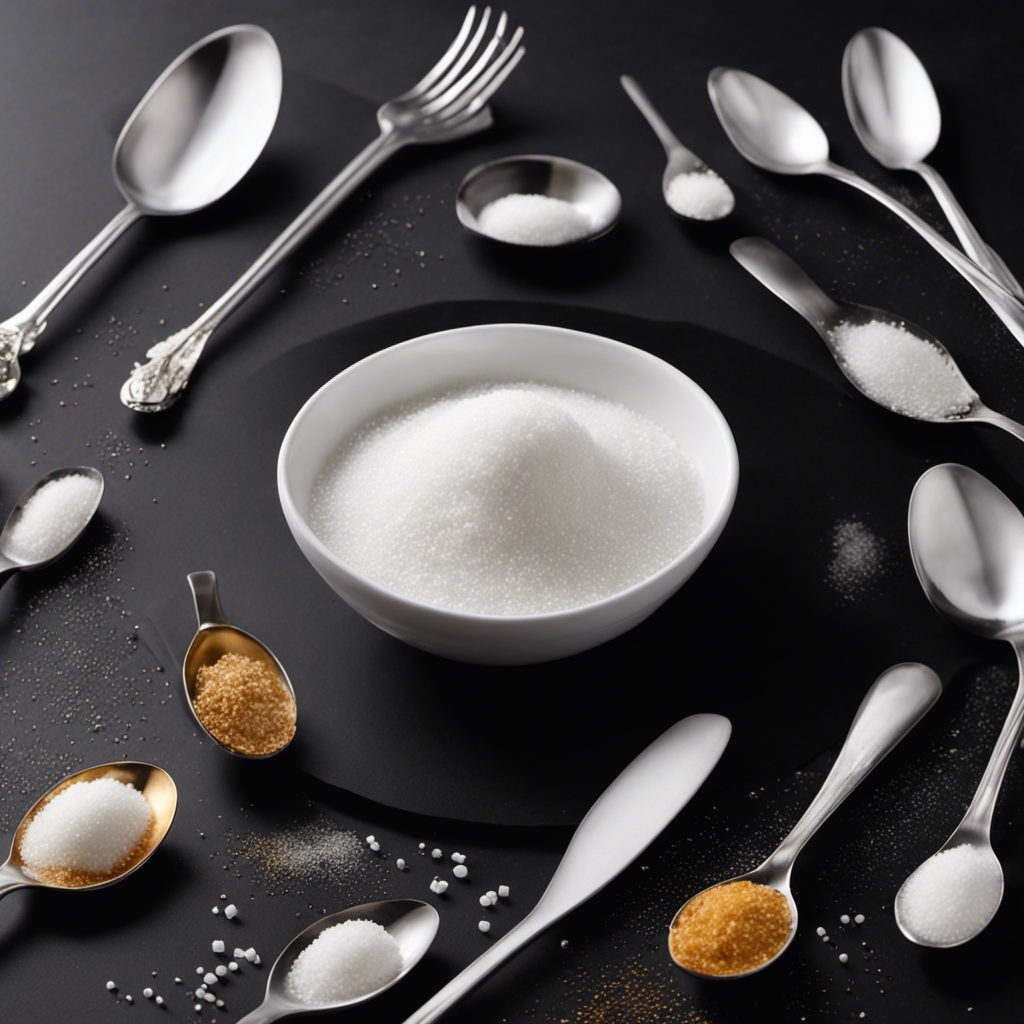 An image showcasing a white spoon filled with precisely 1 gram of sugar, delicately scattered onto a black surface